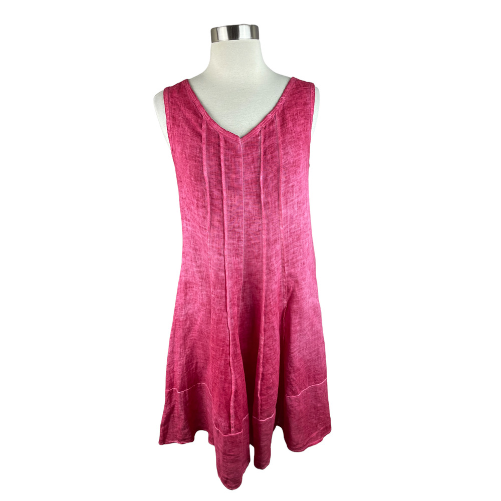 ONZ Italy S Pink Dyed Linen Seamed Sleeveless Fit Flare Knee Length Dress